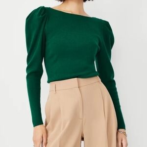 Ann Taylor Shirred Sleeve Sweater Evergreen